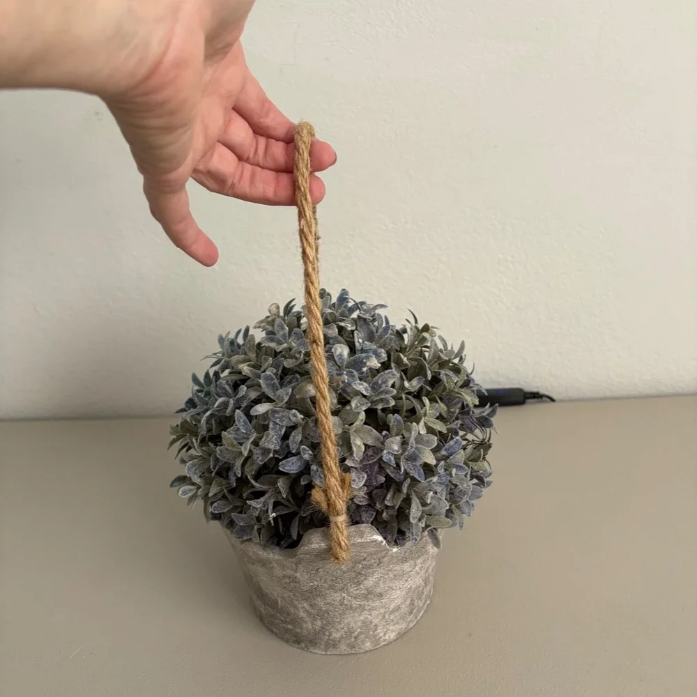 Faux Frosted Greenery Plant in Rustic Gray Pot with Jute Rope Handle Farmhouse